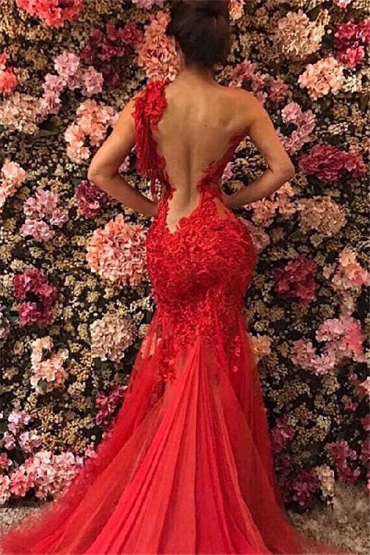 Closeout Sale Chic One Shoulder Appliques Tulle Beading Mermaid Floor-Length Prom Dresses Closeout Sale Chic One Shoulder Appliques Tulle Beading Mermaid Floor-Length Prom Dresses