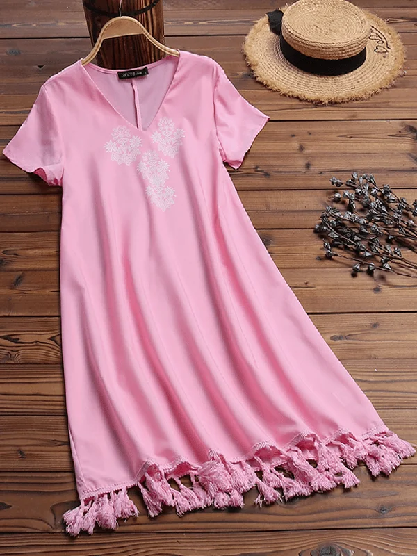 boho dressWomen Short Sleeve Tassel Patchwork Casual Dress