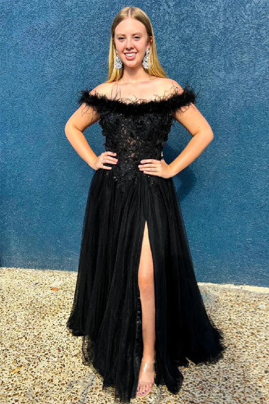 Stock Up and Save high-waisted dressBlack Feathered Off-Shoulder Floral A-line Long Prom Dress with Slit Stock Up and Save high-waisted dressBlack Feathered Off-Shoulder Floral A-line Long Prom Dress with Slit