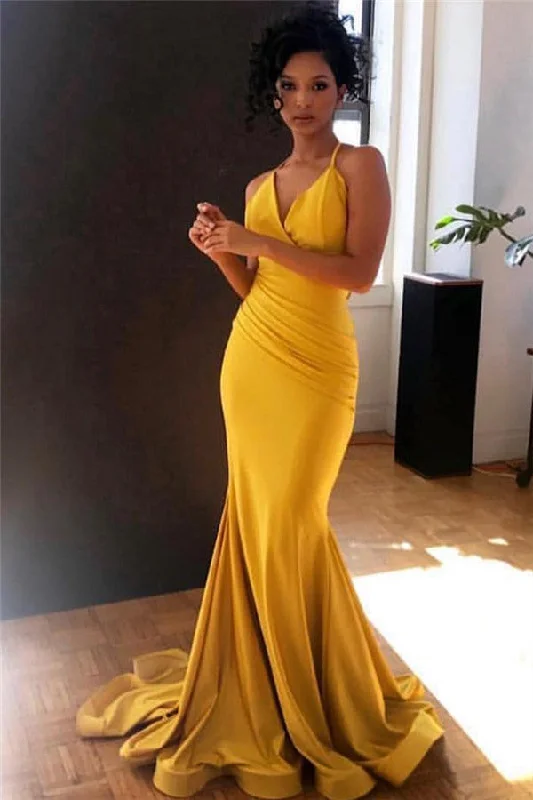 Price Drop Yellow Spaghetti-Straps V-Neck Ruffle Mermaid Evening Gown