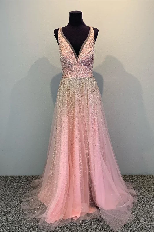 Weekend Deal flowy dressA-line V-Neck Sequin Long Pink Prom Dress