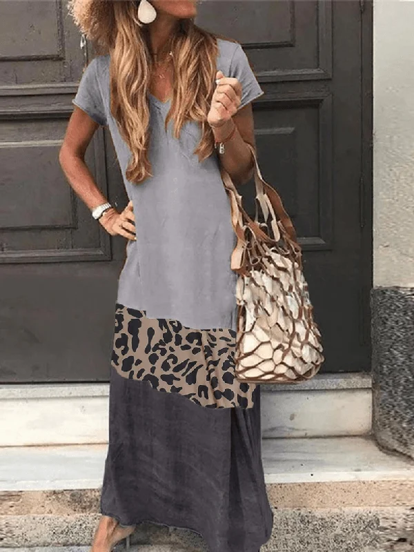 boho dressLeopard Print Patchwork Short Sleeve Causal Maxi Dress