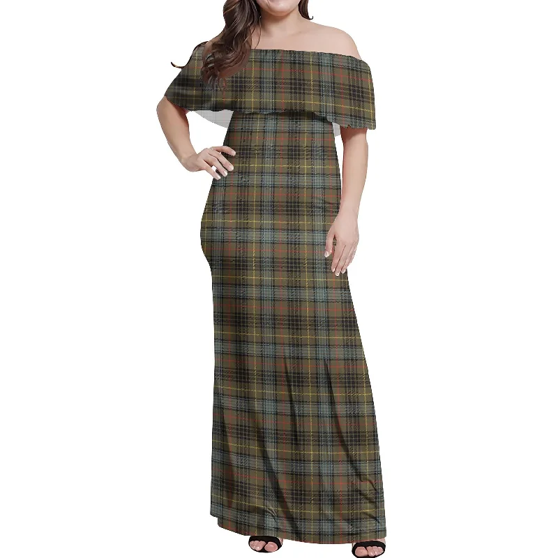 Super Deal Stewart Hunting Weathered Tartan Off Shoulder Long Dress
