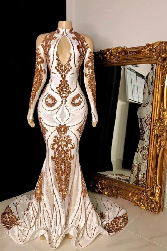Stock Clearance Gorgeous Beading Sequins Keyhole Neckline Cold Shoulder Long Sleevess Mermaid Formal Gowns