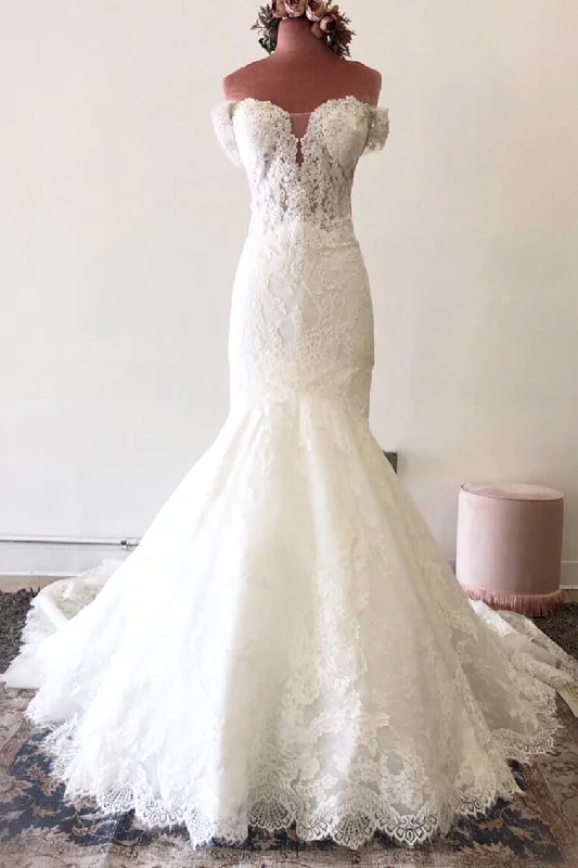 boho-chic dressOff the Shoulder Court Train Lace White Wedding Dress