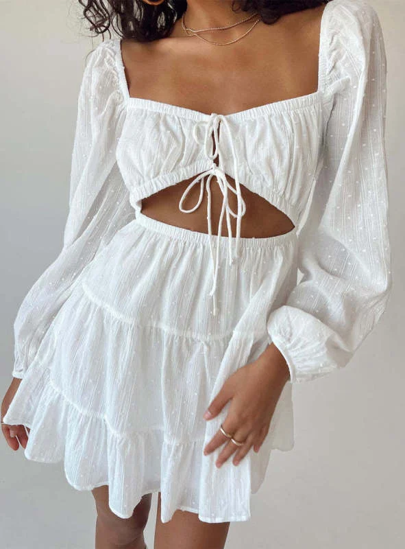 summer dressWomen's elegant square-neck long-sleeved lace-up hollow short white dress