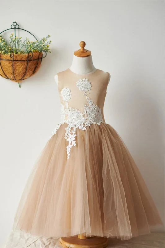 casual shift dressA-Line Lace Appliques Nude Flower Girl Dress