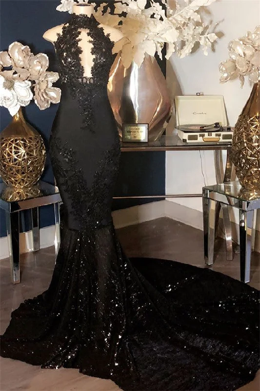 Limited Stock Mermaid Black Appliques High-Neck Sleeveless Long Prom Dresses