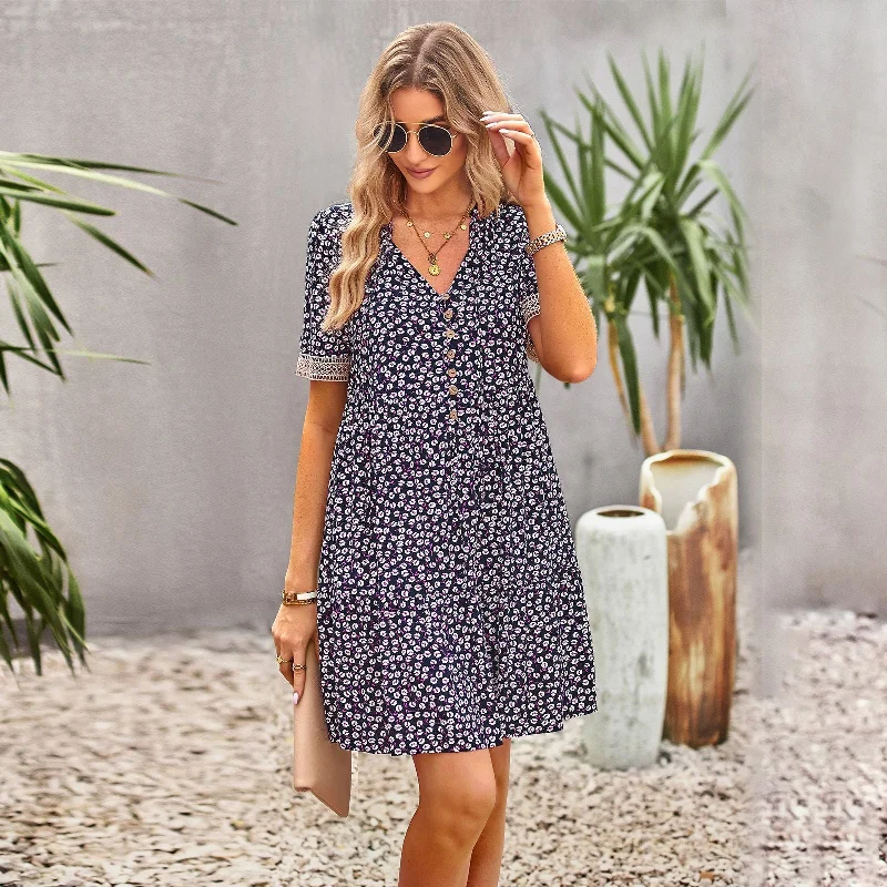 vintage-inspired dressFloral Short Sleeve Dress Women's Temperament