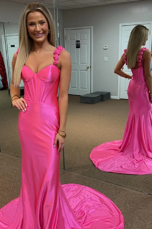 form-fitting dressHot Pink Floral Straps Mermaid Satin Long Prom Dress