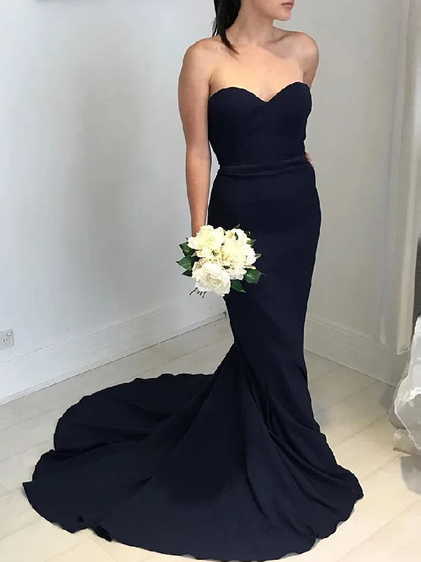 pleated dressSweetheart Mermaid Navy Blue Long Bridesmaid Dress