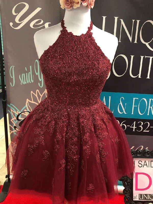 Epic Deals Halter Burgundy Tulle Appliques A-Line Cute Homecoming Dress AN8803
