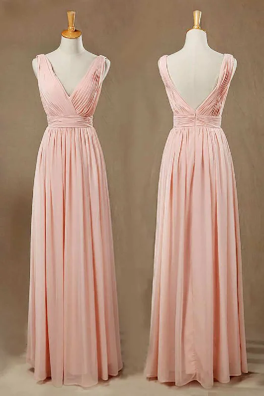 satin midi dressElegant Plush Pink V-Neck Open Back A-Line Long Bridesmaid Dress