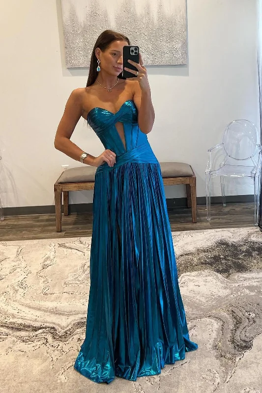 layered dressSweetheart Metallic Blue Pleated Long Formal Dress