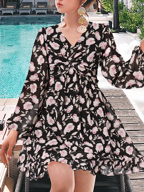 wrap-around dress100% Polyester with Back Zipper Floral Dress for Women