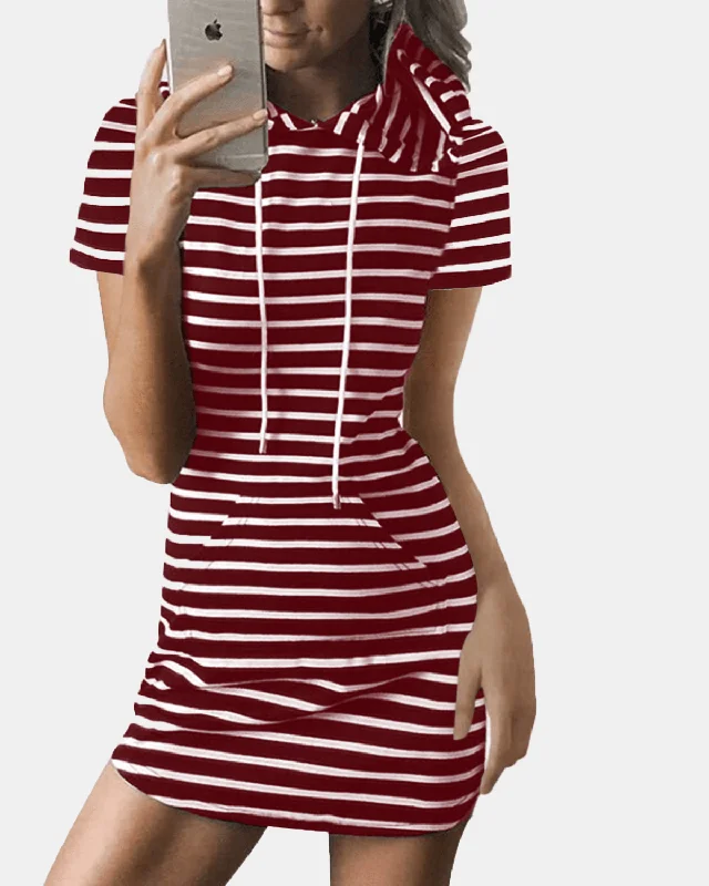 bohemian dressStriped Drawstring Short Sleeve Casual Shirt Pocket Dress