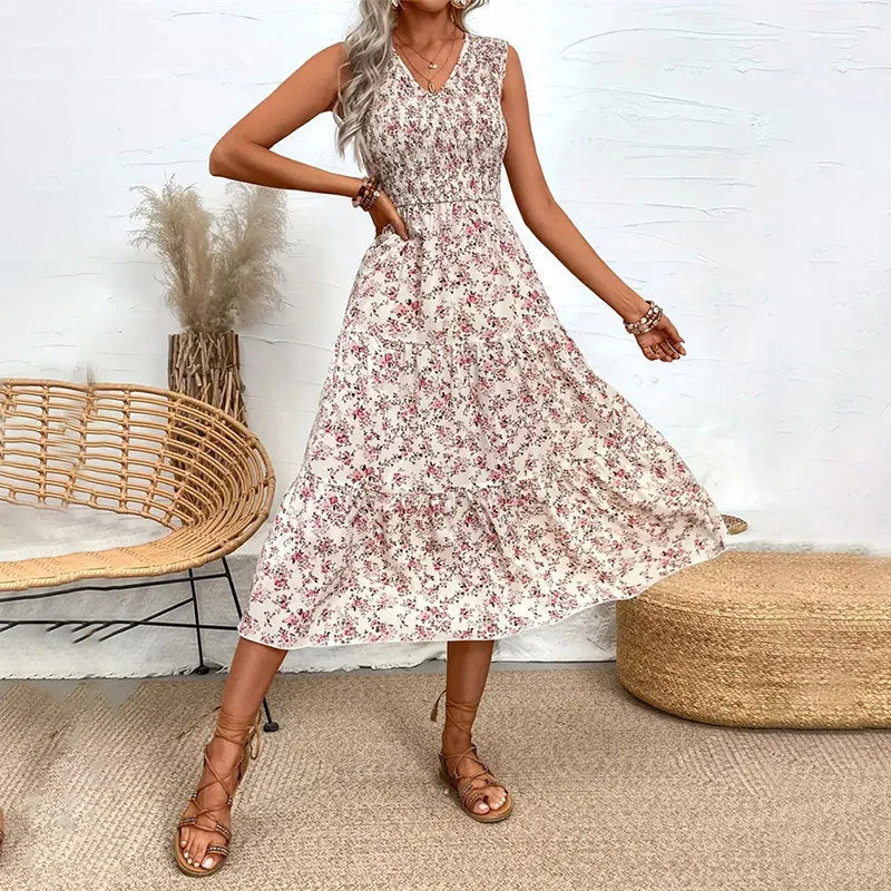 bohemian dressFloral Flounce Slim Sleeveless Long Dress