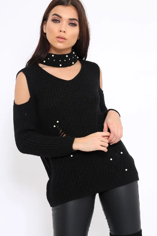 fashion pullover sweaterBlack Distressed Pearl Chunky Knit Jumper - Narla