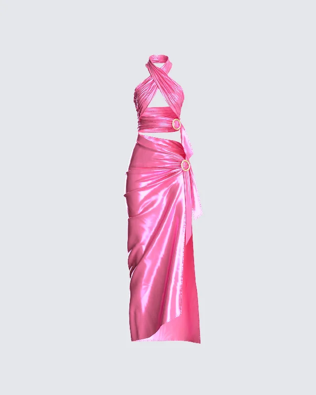 one-shoulder dressAlaina Pink Satin Maxi Dress