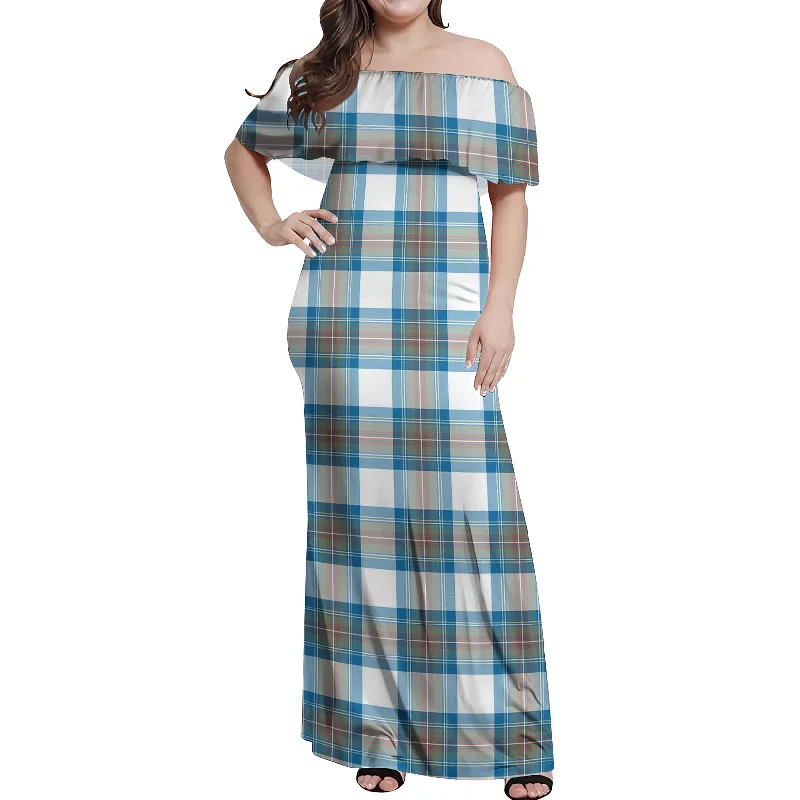 Deal Frenzy Stewart Muted Blue Tartan Off Shoulder Long Dress