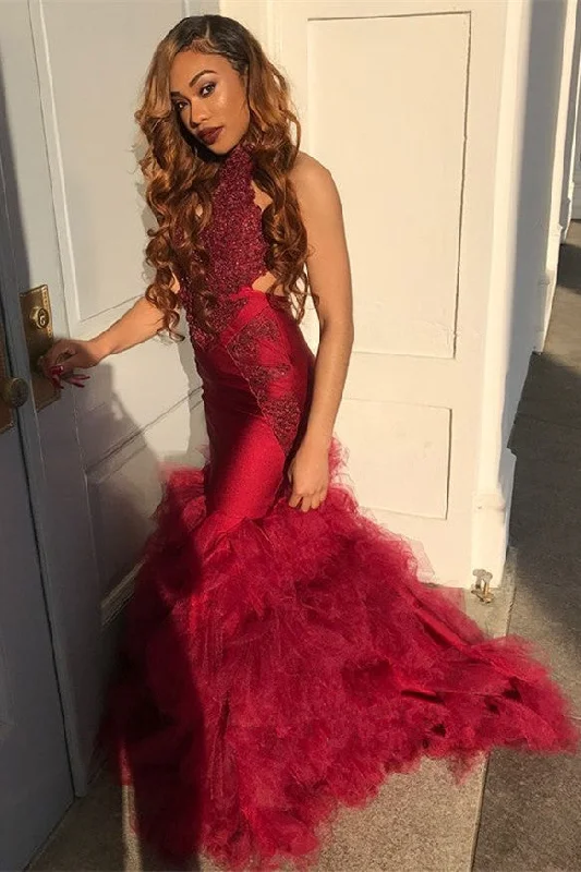 Great Bargains Elegant Long Tulle Halter Mermaid Lace Appliques Prom Dresses