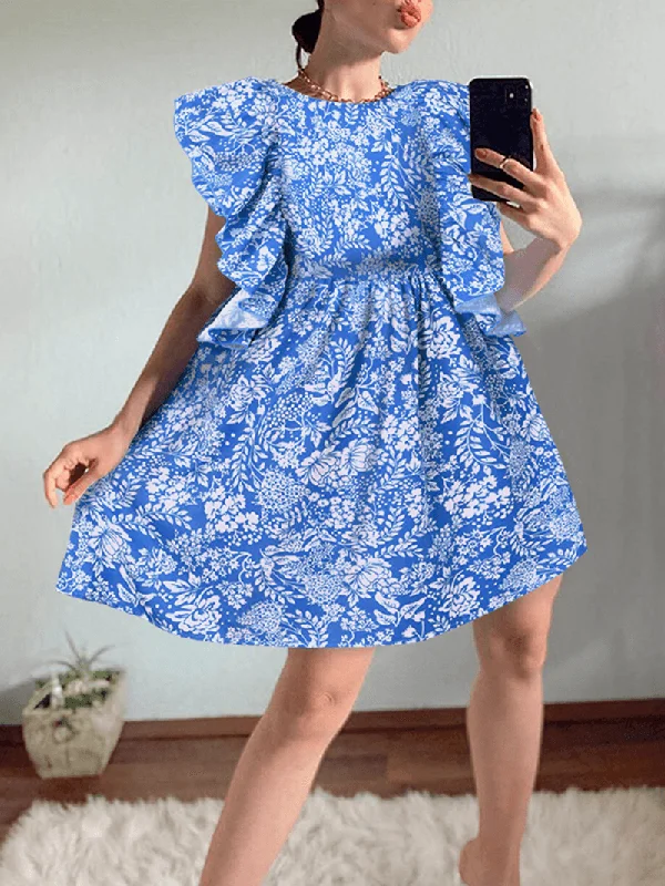 casual summer dressWomen Floral Print Ruffle Trims Sleeveless Casual Daily Doll Mini Dress