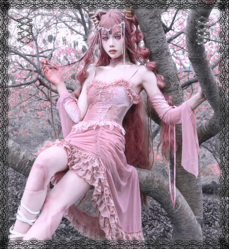 winter dressBlood Supply~Sakura Nightmare~Pink Gothic Velvet Drawstring Dress