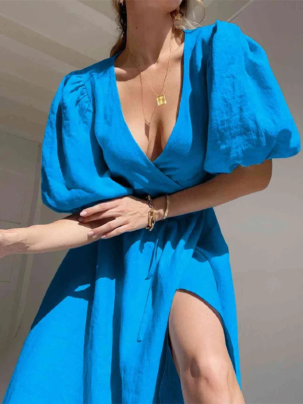 boho-chic dressSurplice Balloon Sleeves Slit Short Sleeve Tied Dress