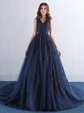 Instant Discount Ball Gown Prom Dresses Straps Sweep Train Dark Navy Appliques Tulle Long Prom Dress JKL715 Instant Discount Ball Gown Prom Dresses Straps Sweep Train Dark Navy Appliques Tulle Long Prom Dress JKL715