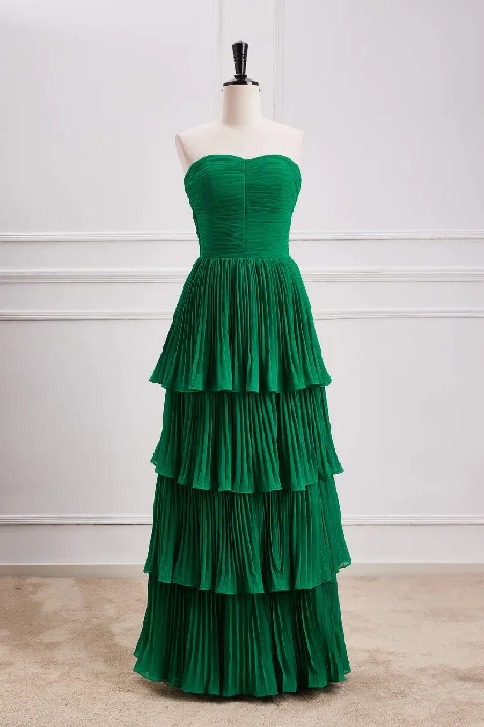 relaxed fit dressHunter Green Strapless Pleated A-line Layers Long Prom Dress