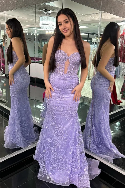 trendy bodycon dressLavender Strapless Cut-Out Mermaid Floral Long Prom Dress