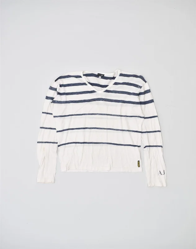 Sneak Peek Sale casual streetwear hoodieARMANI JEANS Womens V-Neck Jumper Sweater UK 10 Small White Striped Cotton Sneak Peek Sale casual streetwear hoodieARMANI JEANS Womens V-Neck Jumper Sweater UK 10 Small White Striped Cotton