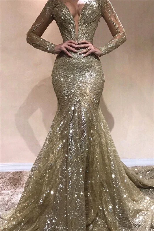 Amazing Deals Elegant Mermaid V-Neck Long Sleevess Sequins Prom Dresses
