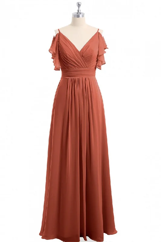 stylish dressRust Orange Cold-Shoulder A-Line Long Bridesmaid Dress