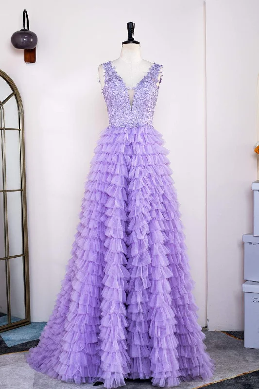 chic wrap dressLavender Plunging V Neck Appliques Layers Long Prom Dress with Slit