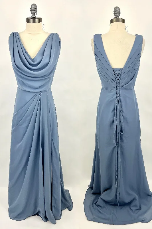 Savings Galore velvet dressCowl Neck Misty Blue Chiffon A-line Long Bridesmaid Dress Savings Galore velvet dressCowl Neck Misty Blue Chiffon A-line Long Bridesmaid Dress