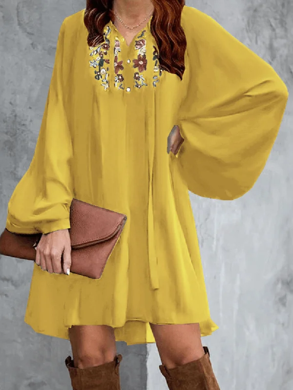 boho dressFlowers Embroidery Puff Sleeve Lace-Up Loose Bohemian Mini Dress for Women