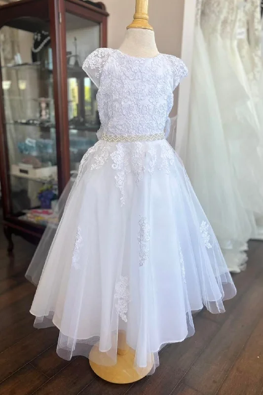 fitted cocktail dressWhite Cap Sleeves Embroidered Appliques Pearl Beaded Long Flower Girl Dress