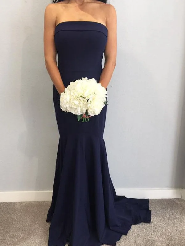 draped dressStrapless Mermaid Navy Blue Long Bridesmaid Dress