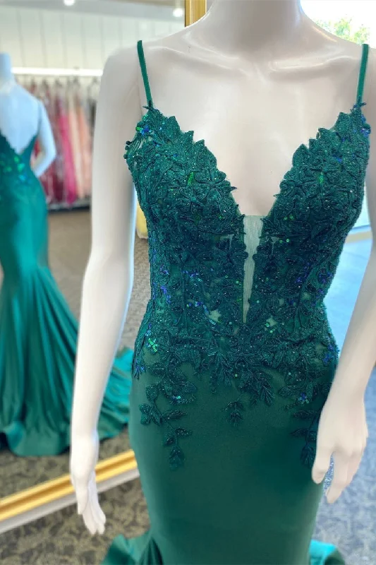 Deep Discounts elegant dressHunter Green Floral Plunging V Mermaid Long Prom Dress