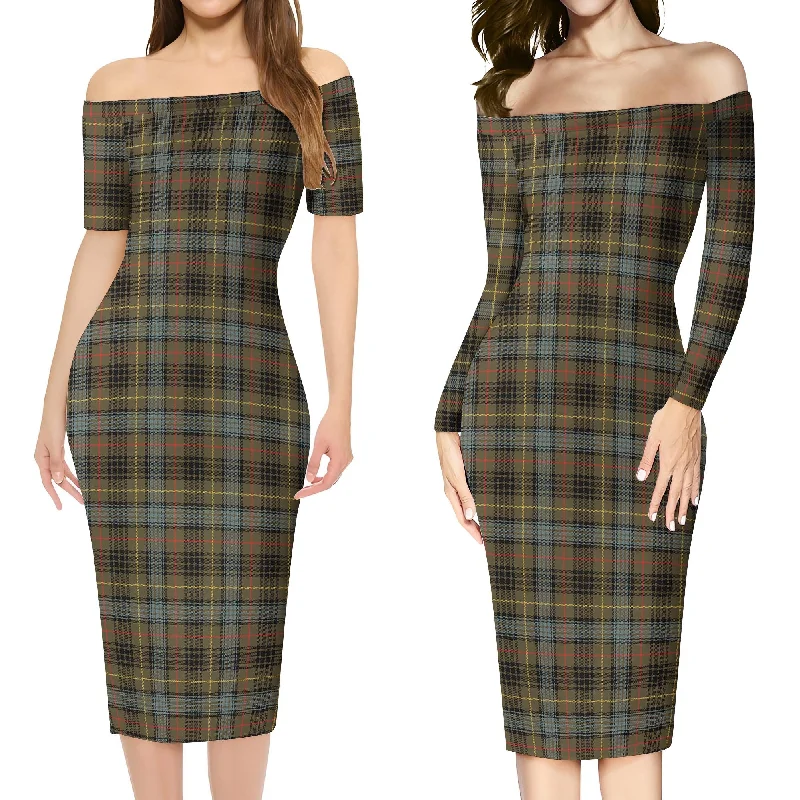 Special Discount Stewart Hunting Weathered Tartan Off Shoulder Lady Dress