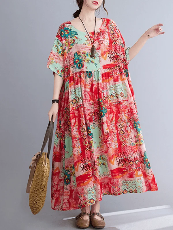 casual day dressO-Neck Floral Loose Bohemian Casual Summer Dress for Women