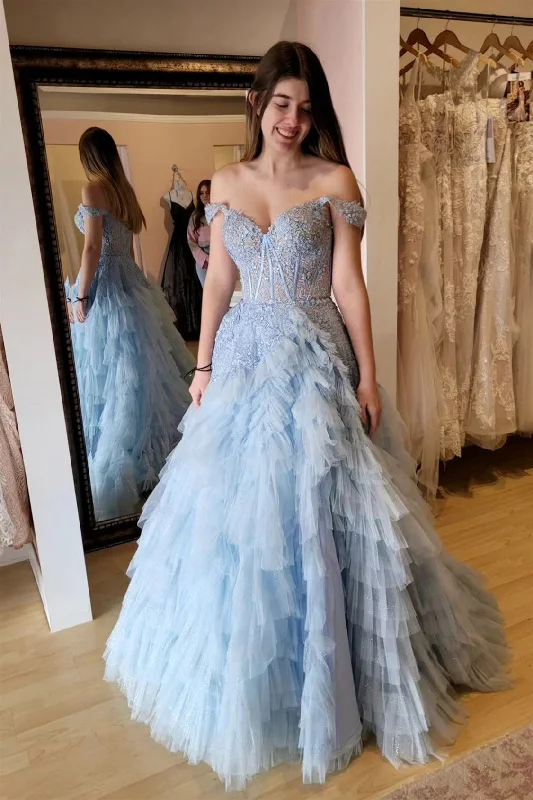 printed dressLight Blue Off-Shoulder Floral Layers Long Prom Dress