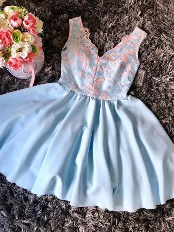 Sale Event Peach Lace Pale Blue Satin V-neck Sleeveless Homecoming Dresses AN1206