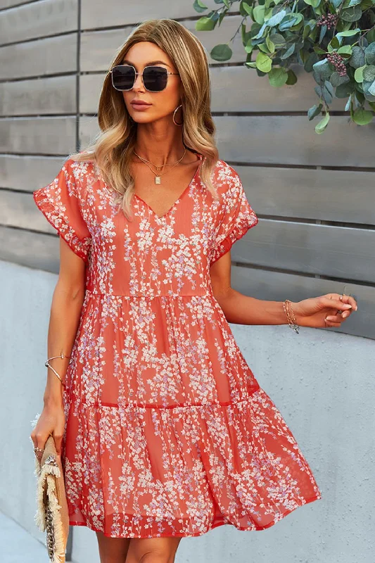 summer floral dressPrinted V-Neck Short Sleeve Tiered Casual Dress