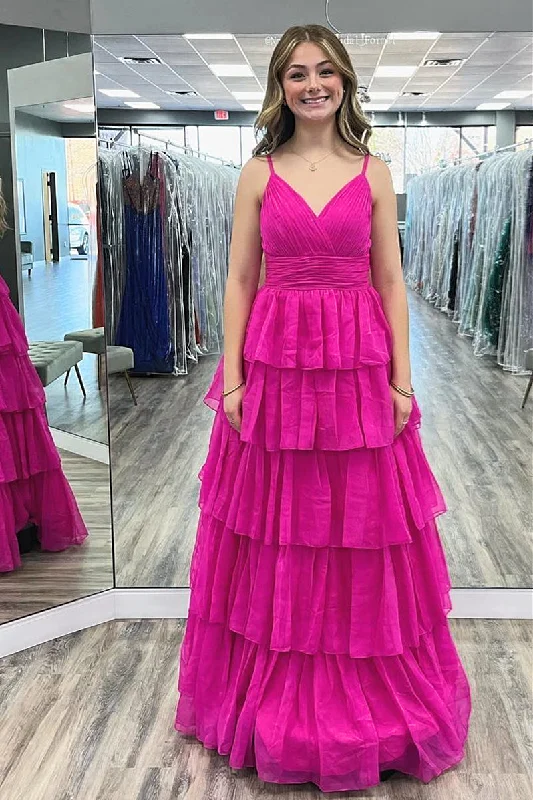 floral wrap dressFuchsia Spaghetti Straps Layers A-line Long Prom Dress