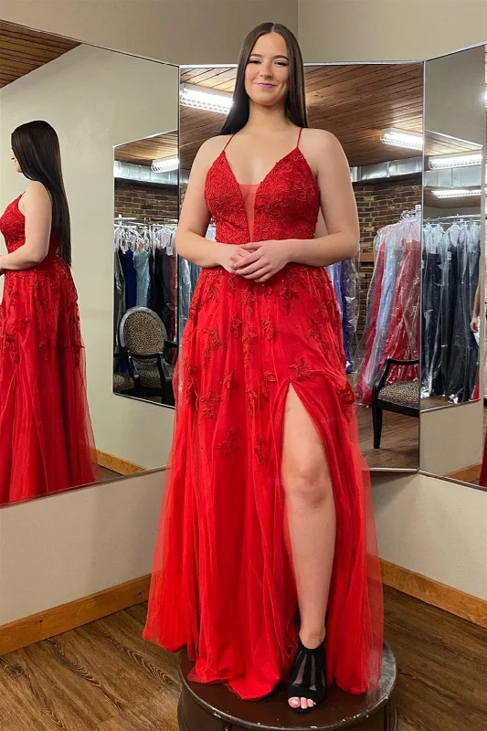 lace dressRed Plunging V Neck Floral Appliques Slip Long Prom Dress with Slit