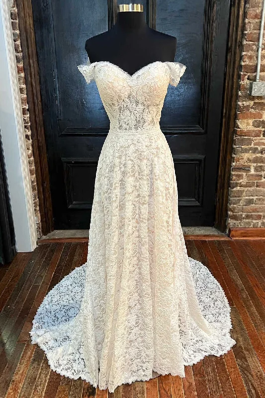 elegant evening dressWhite Lace Off-the-Shoulder Cutout Floor-Length Wedding Dress