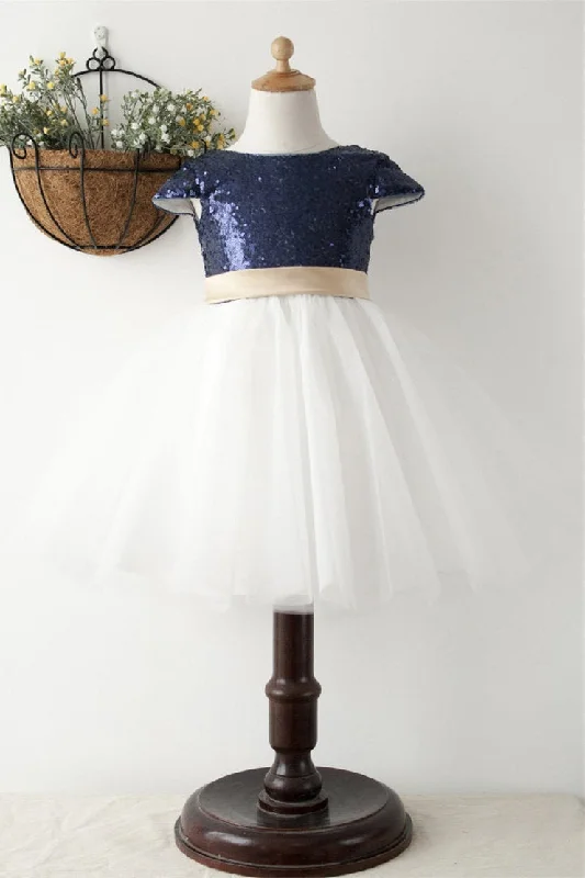 wool dressCute Navy Blue Ball Gown Sequined Flower Girl Dress