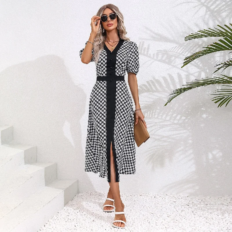 office dressJanice Summer Casual Puff Sleeve Slit Midi Dress